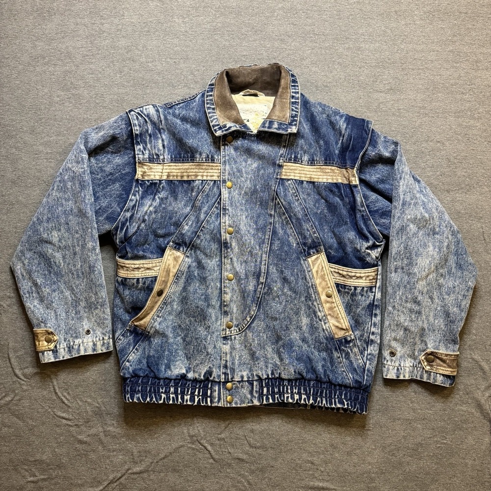 Vintage 80s Acid Wash Denim Jacket Leather Accents Zip Off Removable Sleeves Med